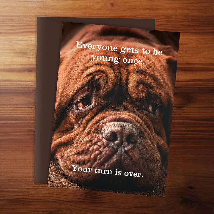 Card with a brown dog's face and humorous text on a wooden surface