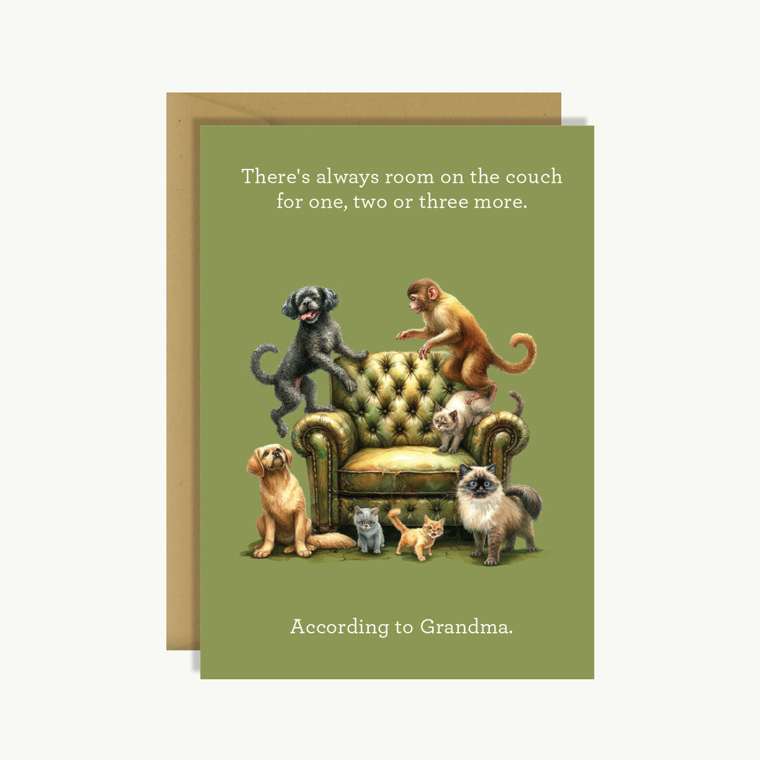 New Baby Card - There's always room on the couch for one, two or three more. According to Grandma.