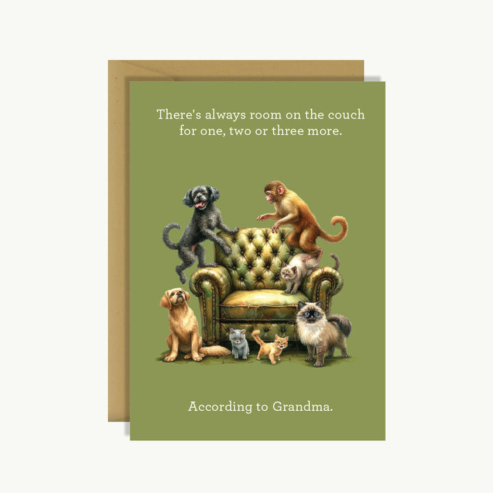 New Baby Card - There's always room on the couch for one, two or three more. According to Grandma.