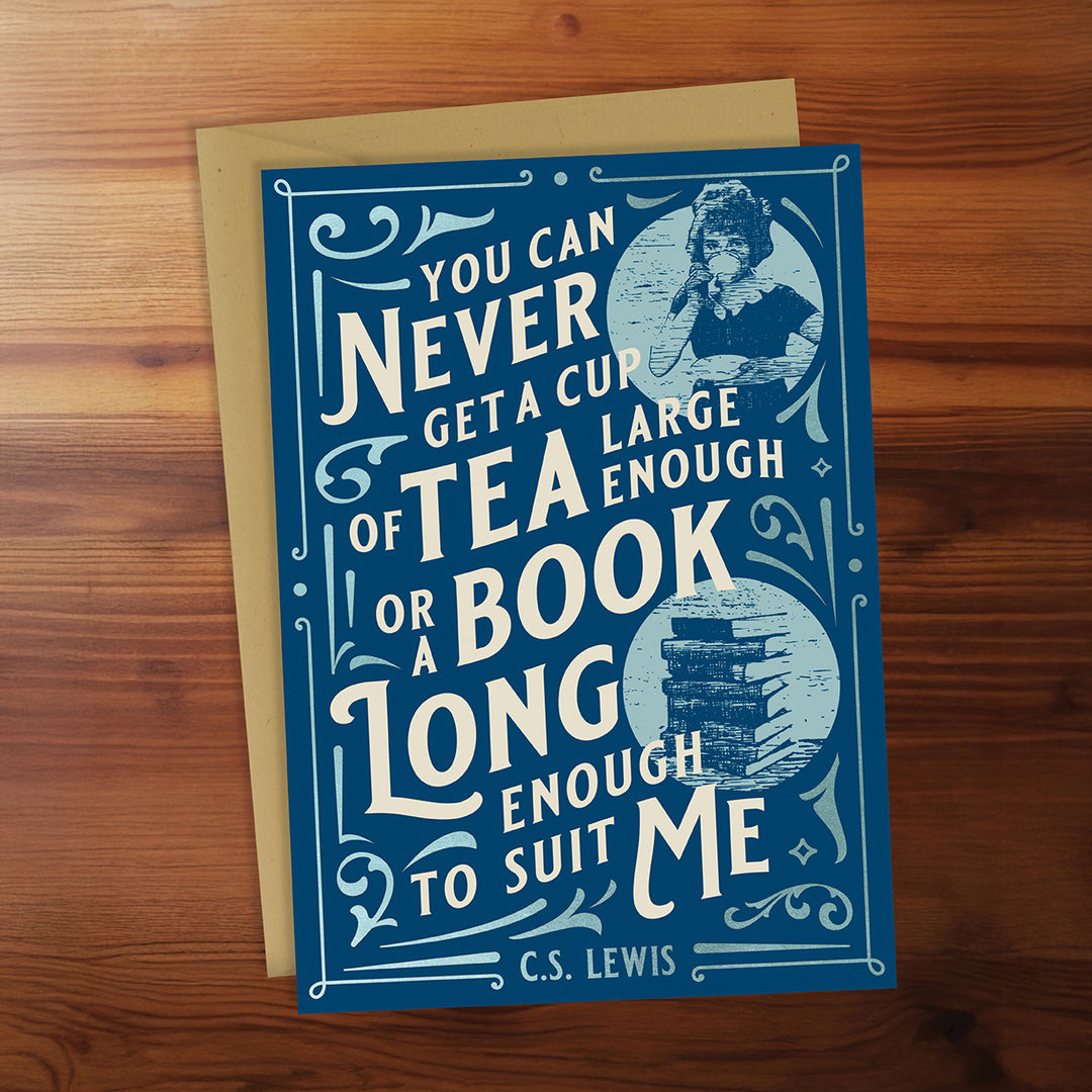 Blue card with text and illustration on a wooden surface