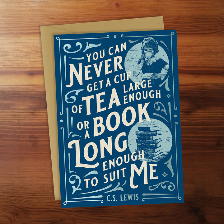 Blue card with text and illustration on a wooden surface