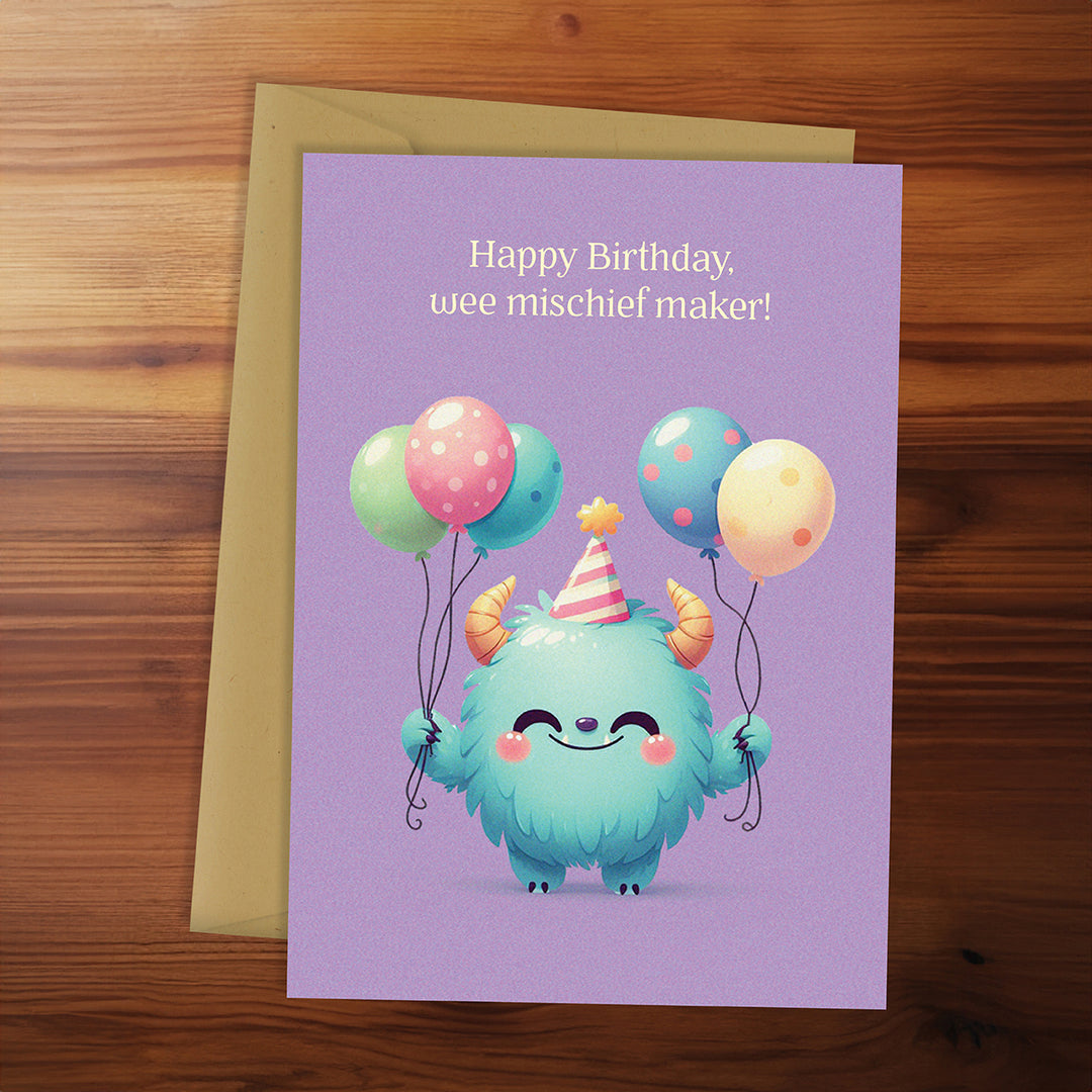 Birthday card with a cute blue creature holding balloons on a wooden surface