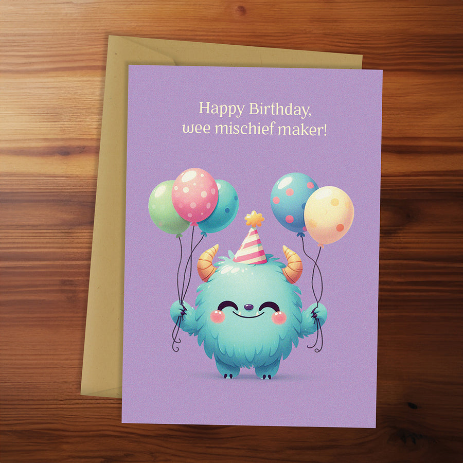 Birthday card with a cute blue creature holding balloons on a wooden surface