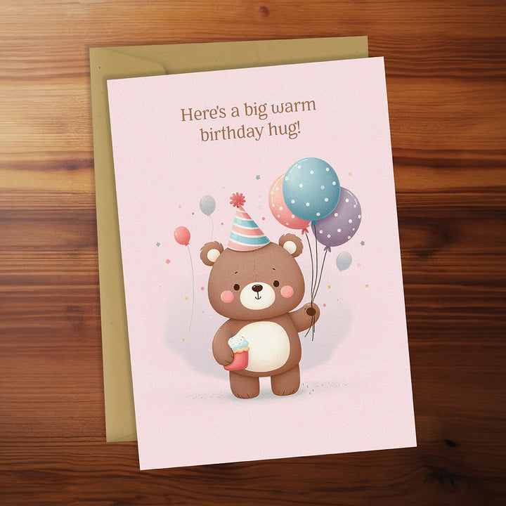 Greeting card with a bear holding balloons on a wooden surface