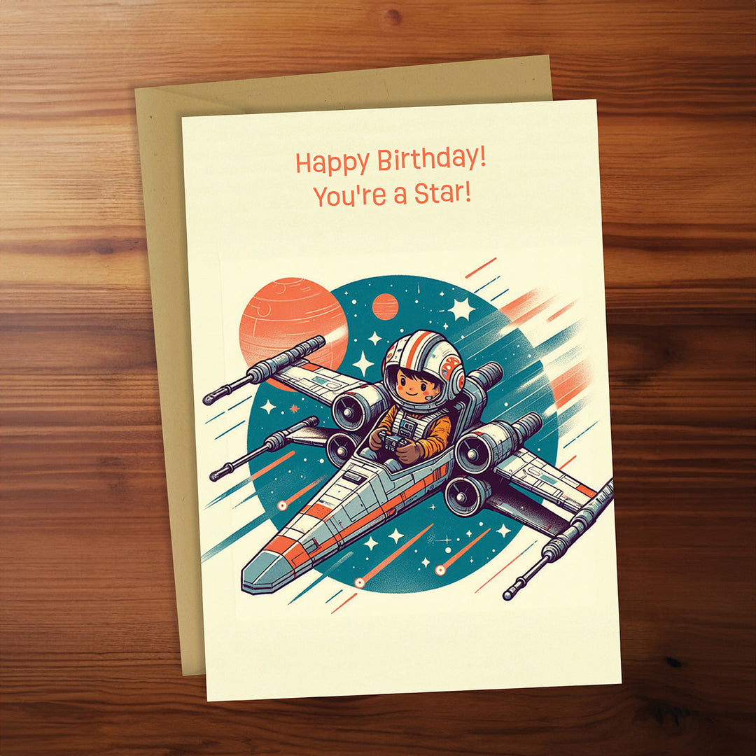 Birthday card with an astronaut on a spaceship design, on a wooden surface.