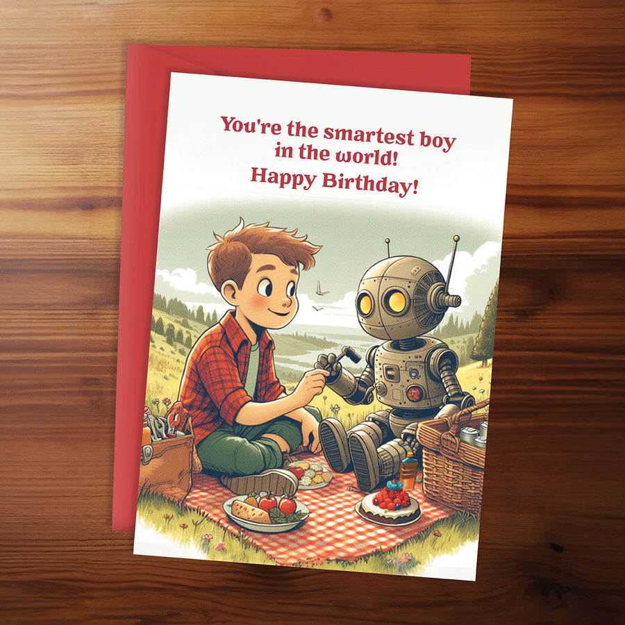 Birthday card with illustration of a boy and robot having a picnic, on a wooden surface.