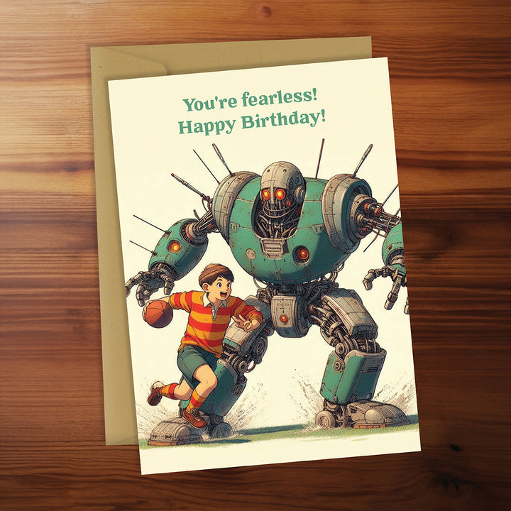 Birthday card with robot and child illustration on a wooden surface