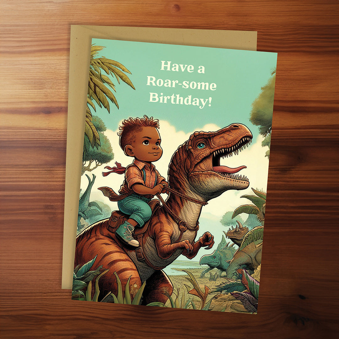Birthday card with illustration of a child riding a dinosaur and text 'Have a Roar-some Birthday!' on a wooden surface.