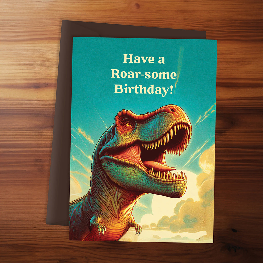 Dinosaur-themed birthday card with a T-Rex on a wooden surface