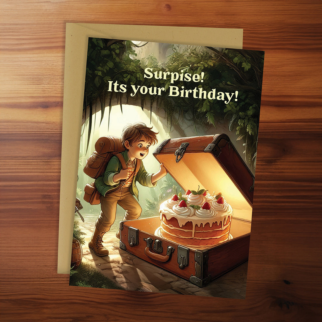 Birthday card with illustration of a character finding a birthday cake in an open suitcase, set against a wooden background.