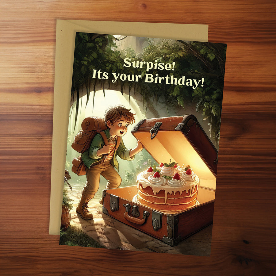 Birthday card with illustration of a character finding a birthday cake in an open suitcase, set against a wooden background.