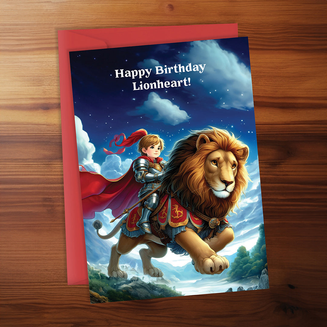 Birthday card with a knight and lion on a wooden surface