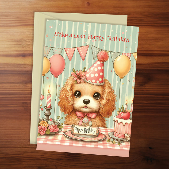 Birthday card with a dog wearing a party hat on a wooden surface