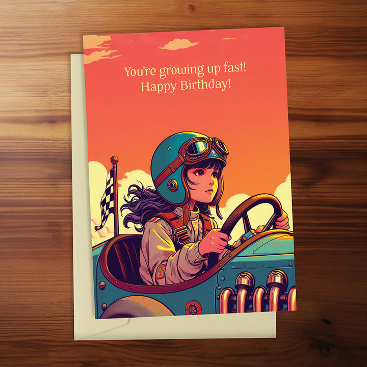Birthday card with a driver in a vintage car on a wooden surface