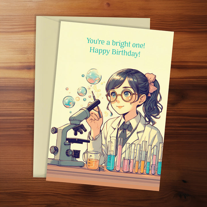 Birthday card with a scientist illustration and text on a wooden surface