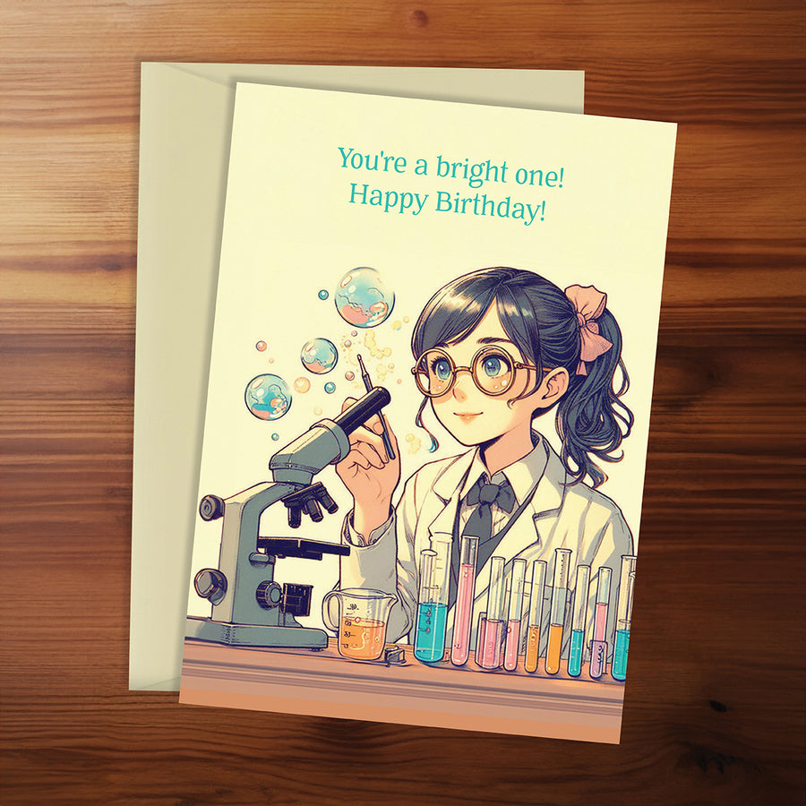Birthday card with a scientist illustration and text on a wooden surface