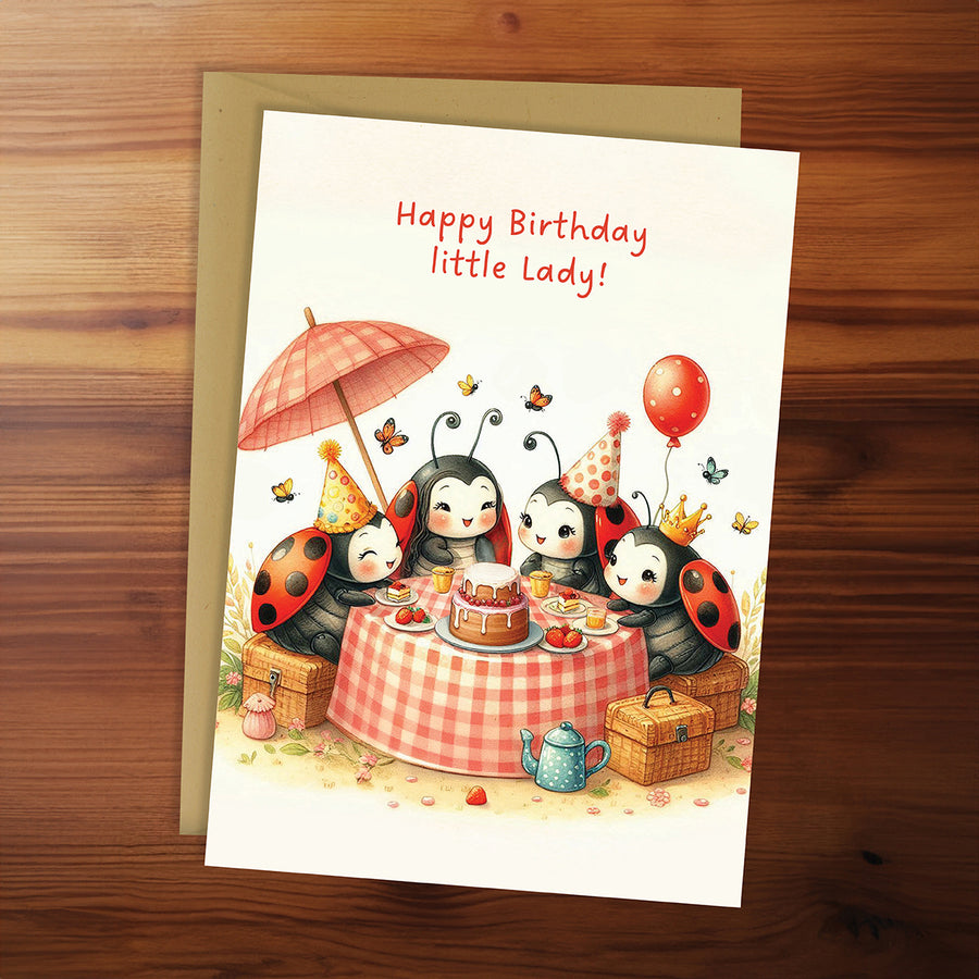 Birthday card with cartoon ladybugs and a cake on a wooden surface