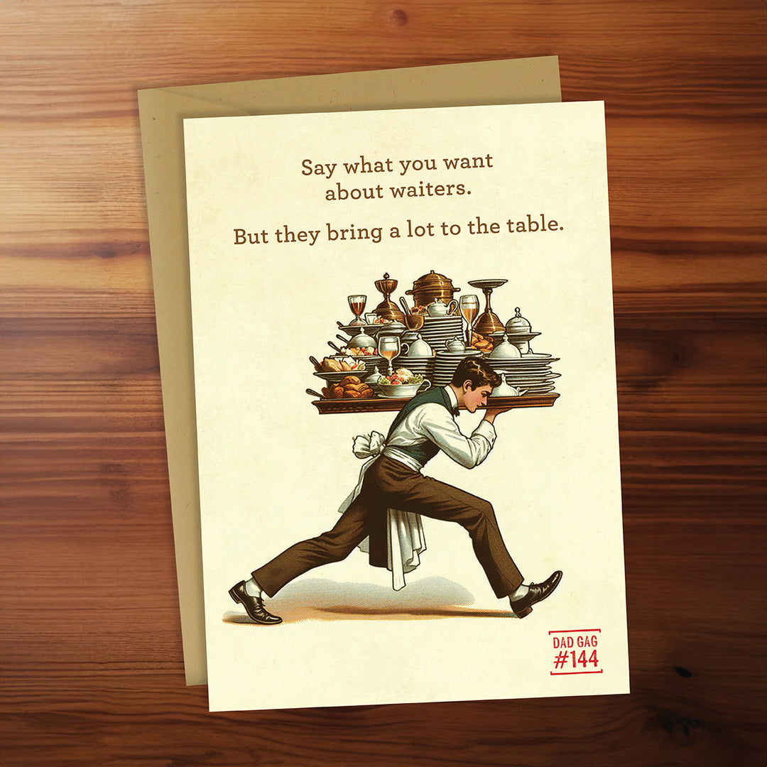 Greeting card with illustration of a waiter carrying a tray on a wooden surface