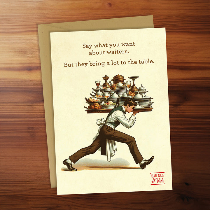Greeting card with illustration of a waiter carrying a tray on a wooden surface
