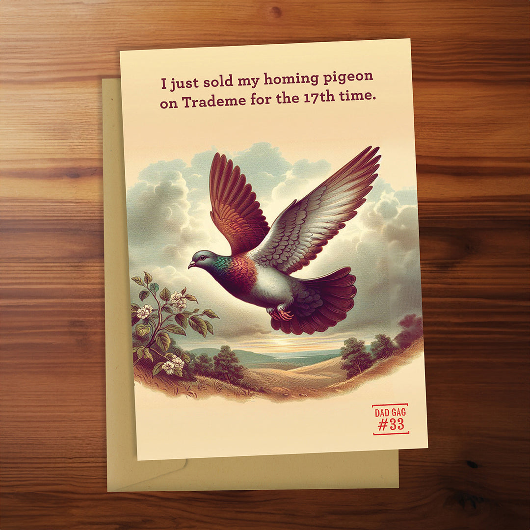 Card with a pigeon illustration and humorous text on a wooden surface