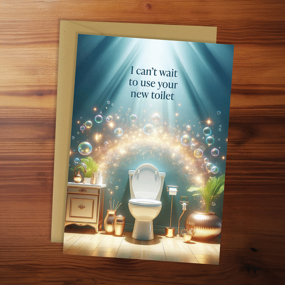 Greeting card with a bathroom illustration and humorous text on a wooden surface