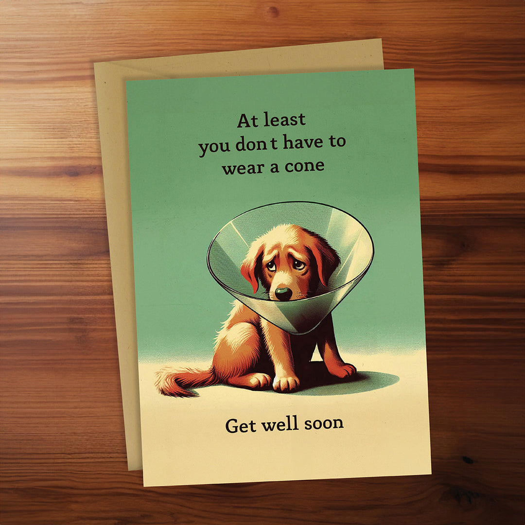 Get well soon card with a dog wearing a cone on a wooden surface