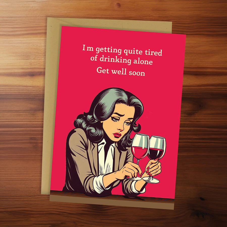 Greeting card with illustration of a woman holding wine glasses on a wooden surface