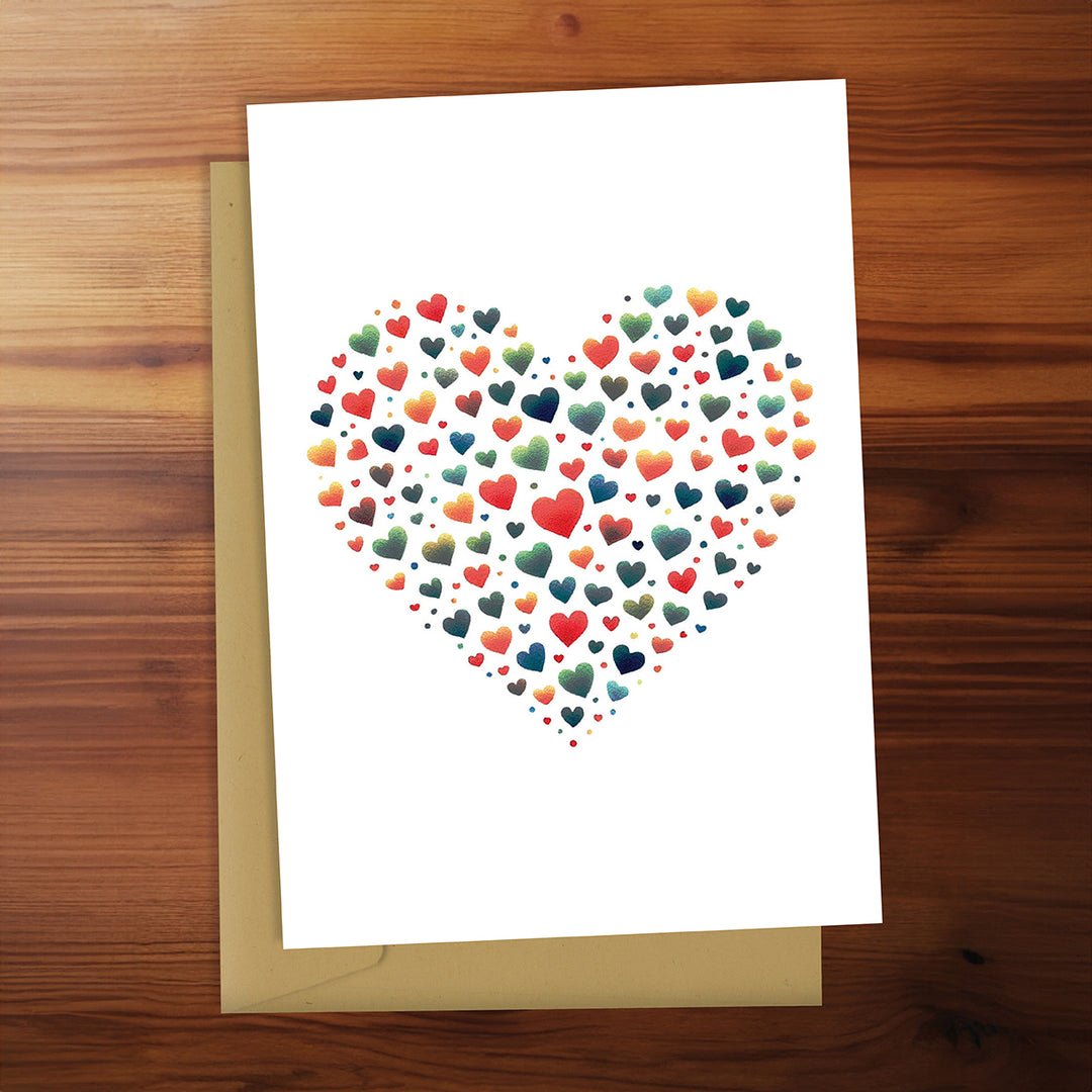 Card with colorful heart pattern on a wooden surface