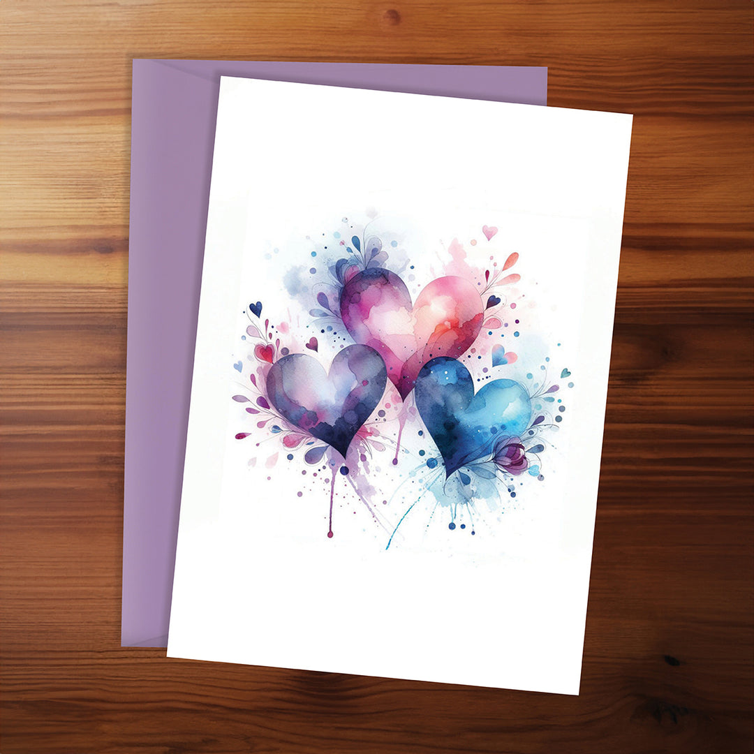 Greeting card with watercolor hearts on a wooden surface