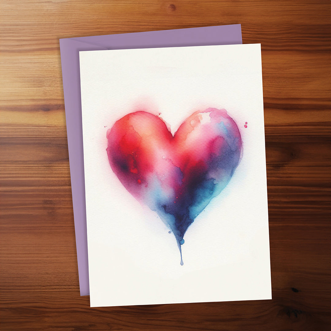 Greeting card with a colorful heart design on a wooden surface