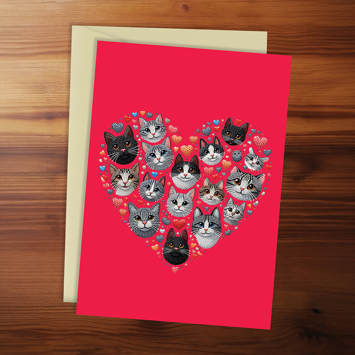Greeting card with cat illustrations in the shape of a heart on a red background, placed on a wooden surface.