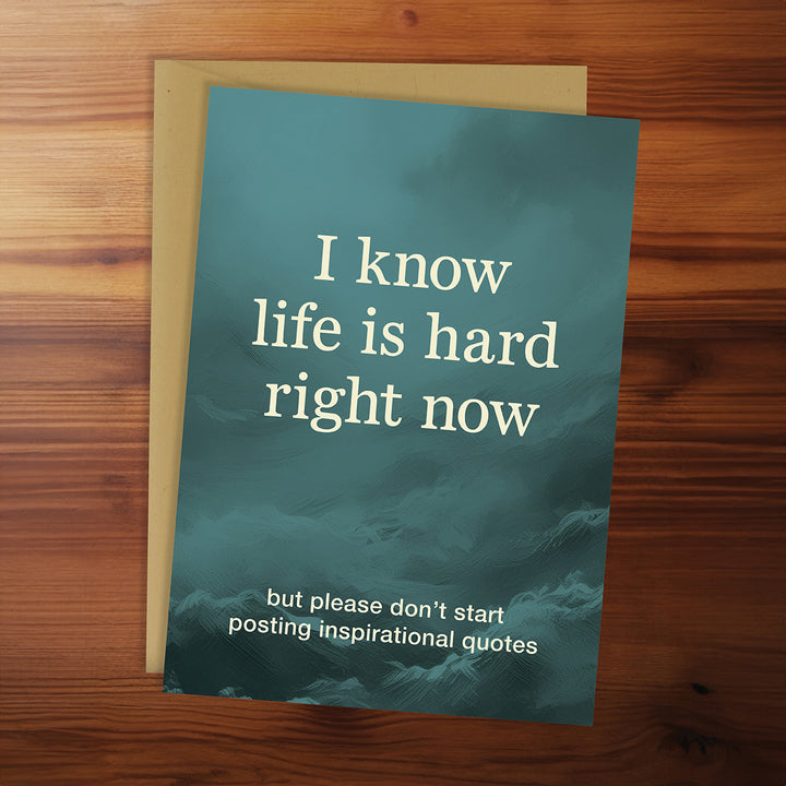 Card with text on a wooden surface