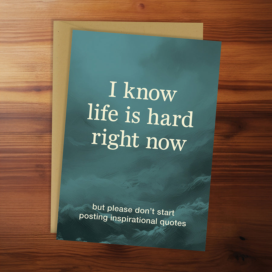 Card with text on a wooden surface