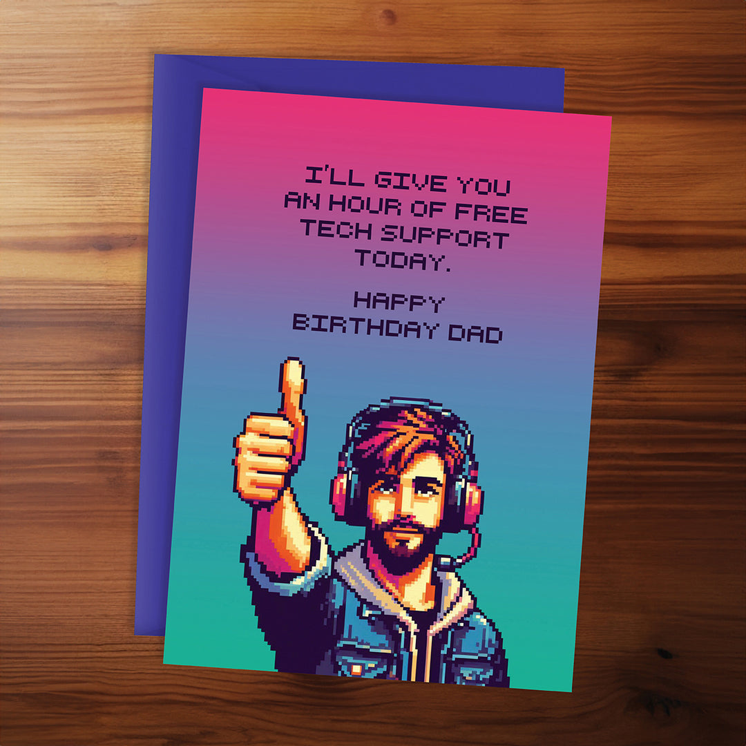 Birthday card for dad with pixel art character and humorous text on a wooden surface