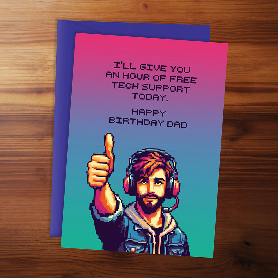Birthday card for dad with pixel art character and humorous text on a wooden surface
