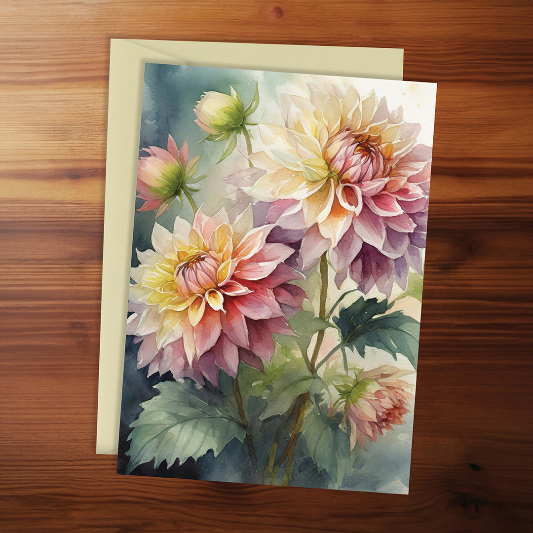 Floral card with watercolor flowers on a wooden surface