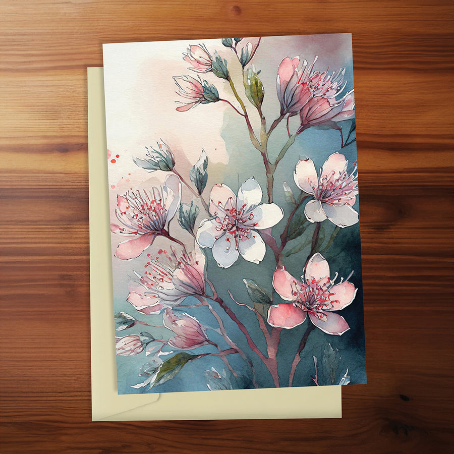 Floral card with pink and white flowers on a wooden surface