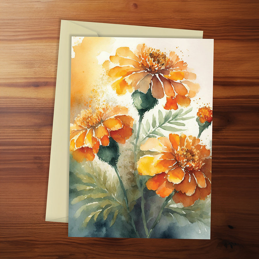 Floral card with watercolor design on a wooden surface