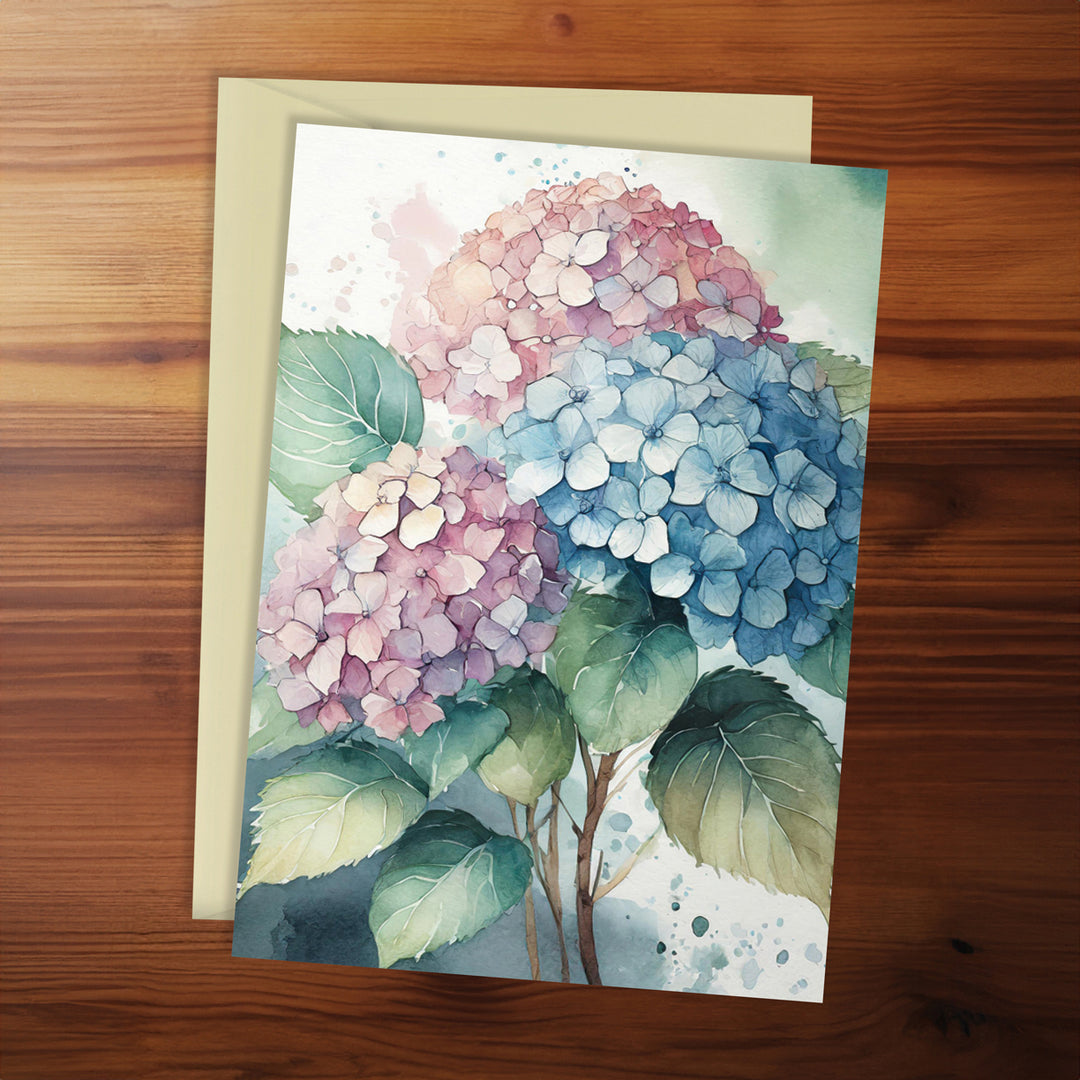 Greeting card with hydrangea flowers on a wooden surface