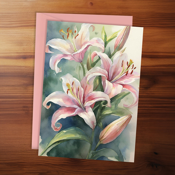 Greeting card with pink lilies on a wooden surface