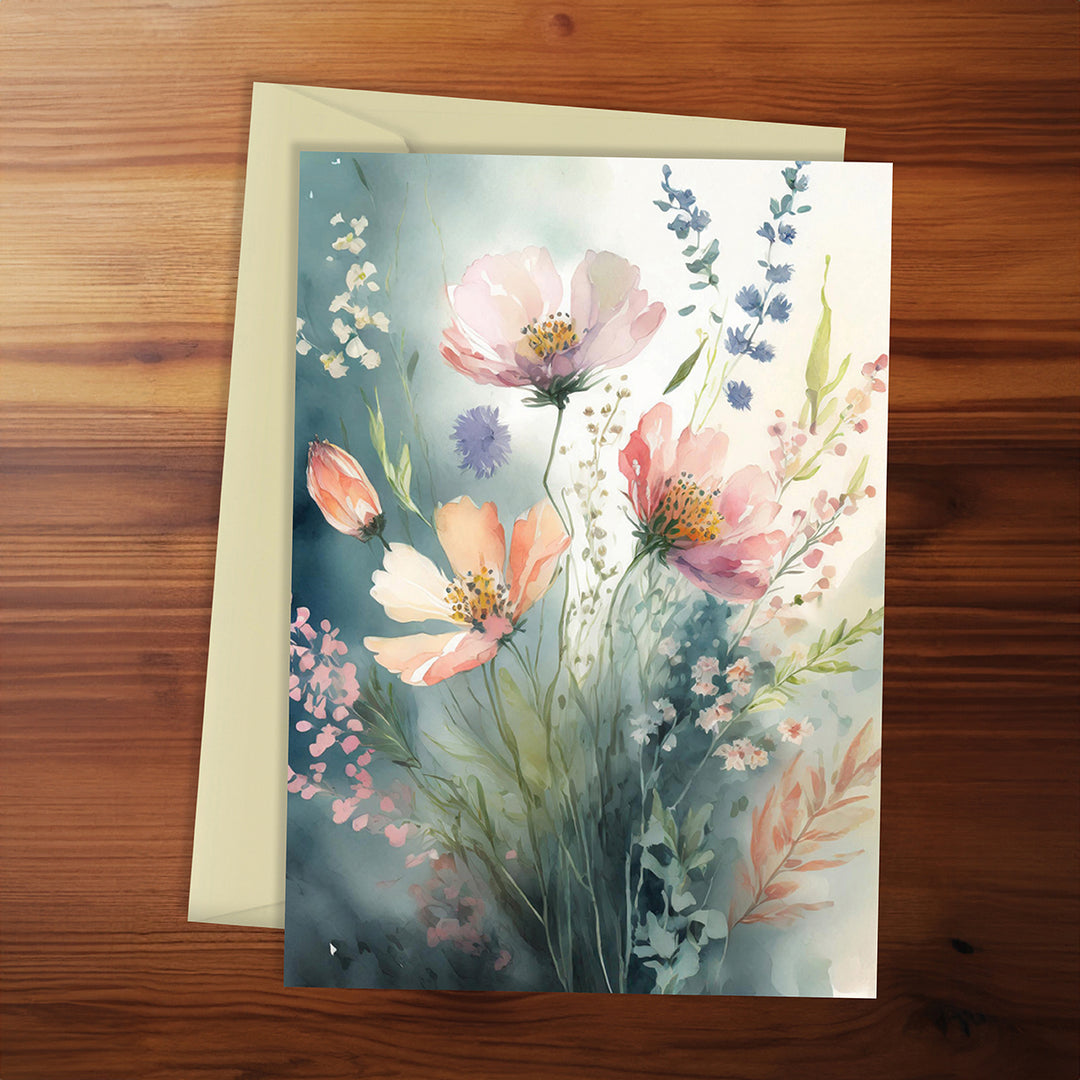 Floral card with watercolor flowers on a wooden surface