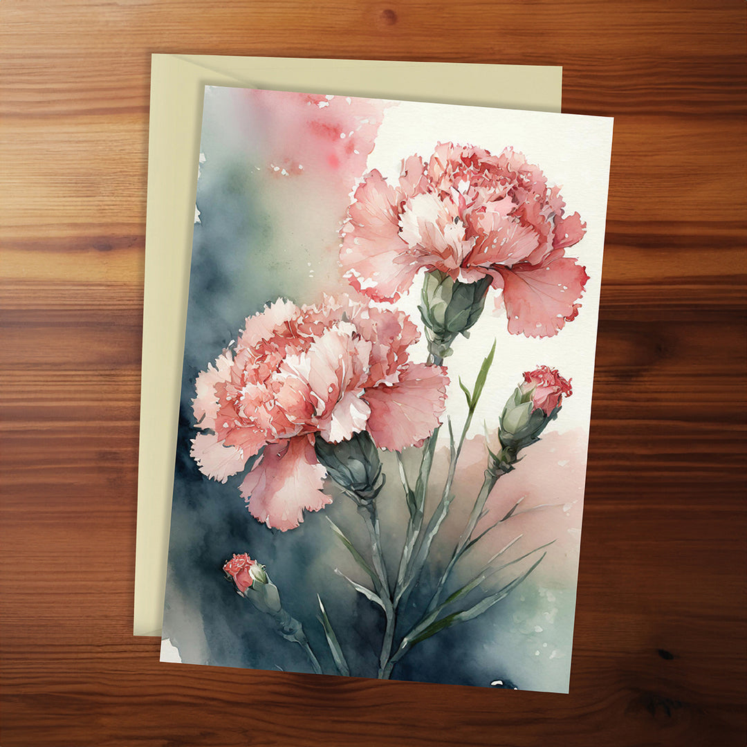 Greeting card with pink flowers on a wooden surface
