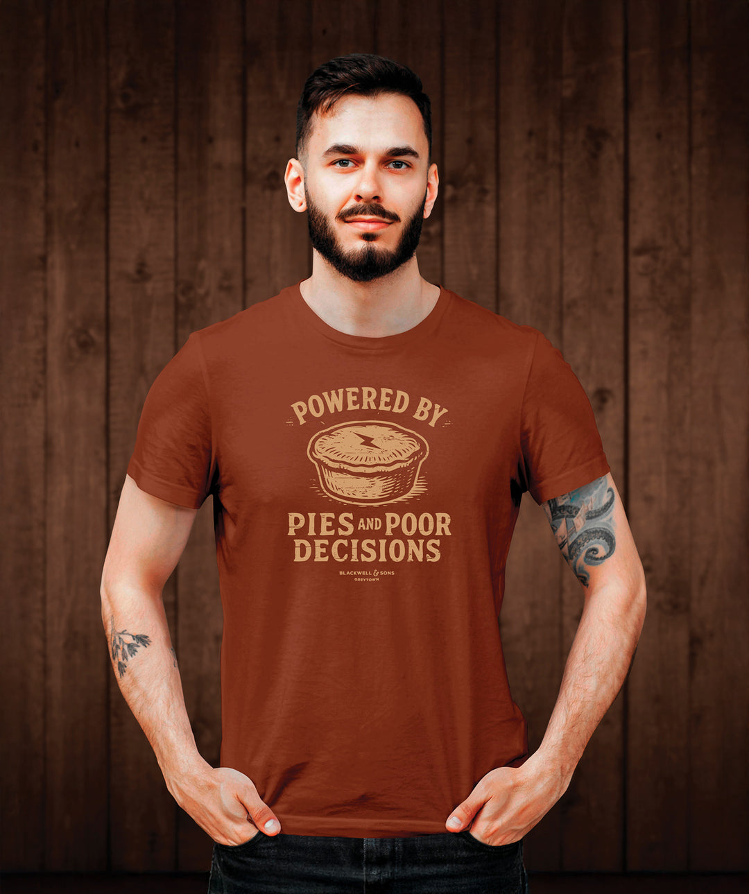 Powered by Pies and Poor Decisions Tee Shirt - Burnt Orange