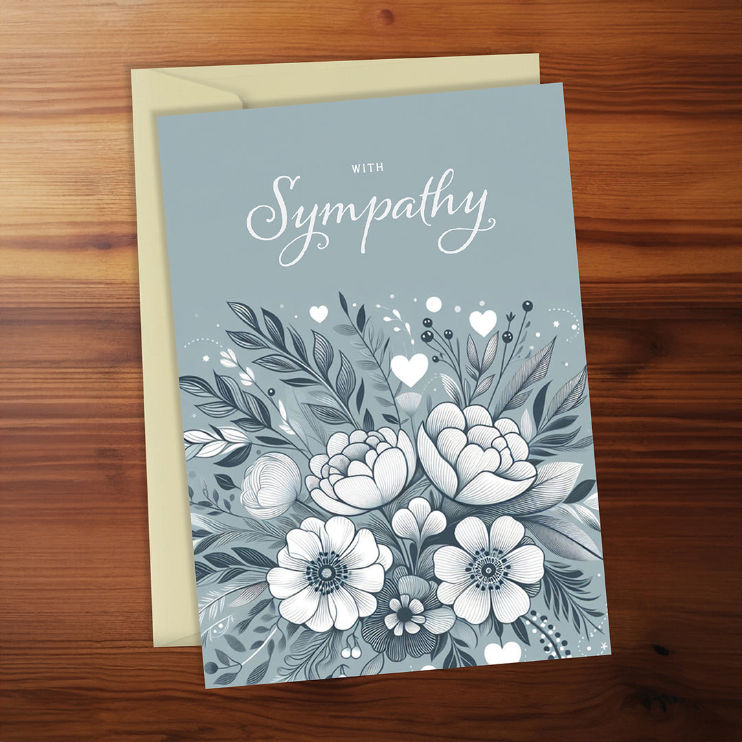 Sympathy card with floral design and envelope on a wooden surface