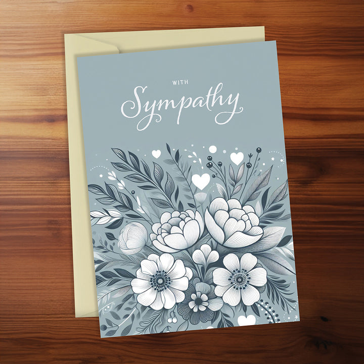 Sympathy card with floral design and envelope on a wooden surface