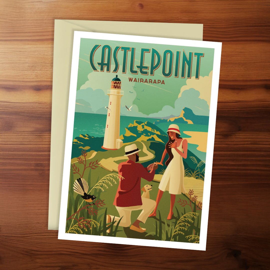 Vintage-style poster of Castlepoint, Wairarapa with a lighthouse and people on a wooden surface.