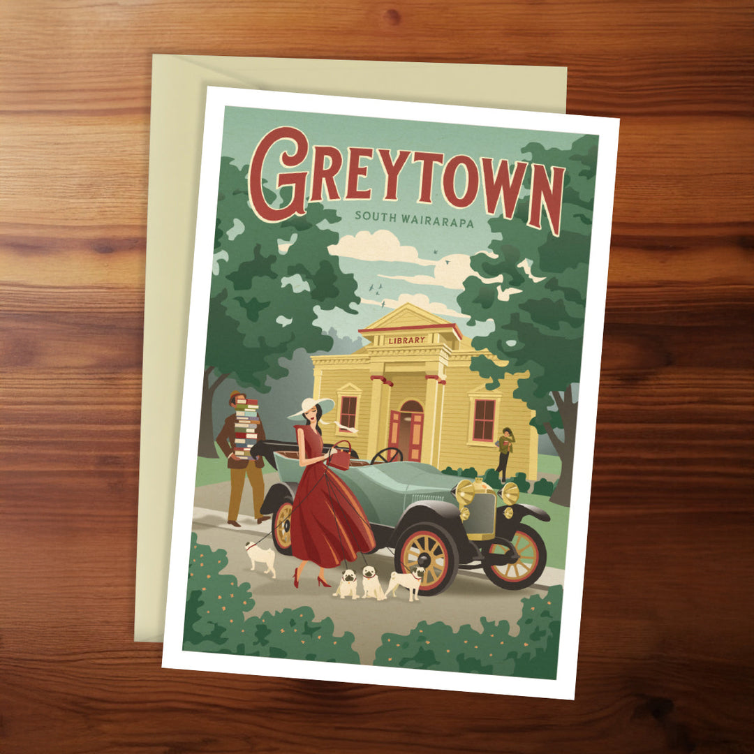 Illustrated poster of Greytown with a vintage car and people on a wooden surface