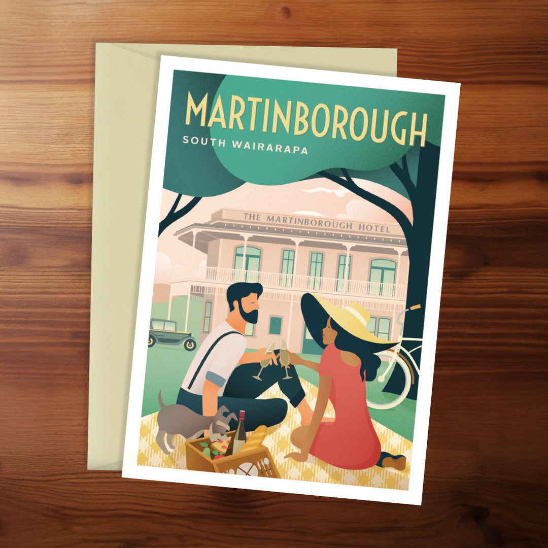 Illustrated postcard of Martinborough, South Wairarapa with a couple and dog at a picnic.