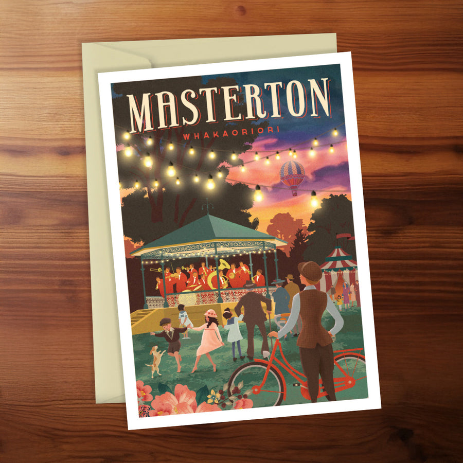 Illustrated postcard of Masterton, New Zealand with people at a fair on a wooden surface.