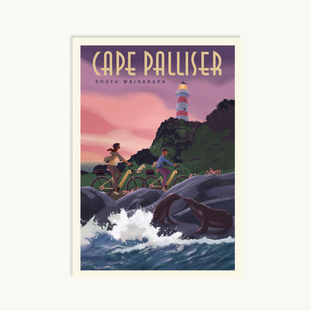 Poster of Cape Palliser with a lighthouse, people on bicycles, and seals by the ocean.